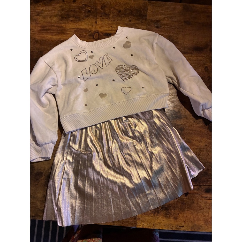 Paisley Lane Skirt Set Kids 8 White Gold Excellent Rhinestone Heart Metallic